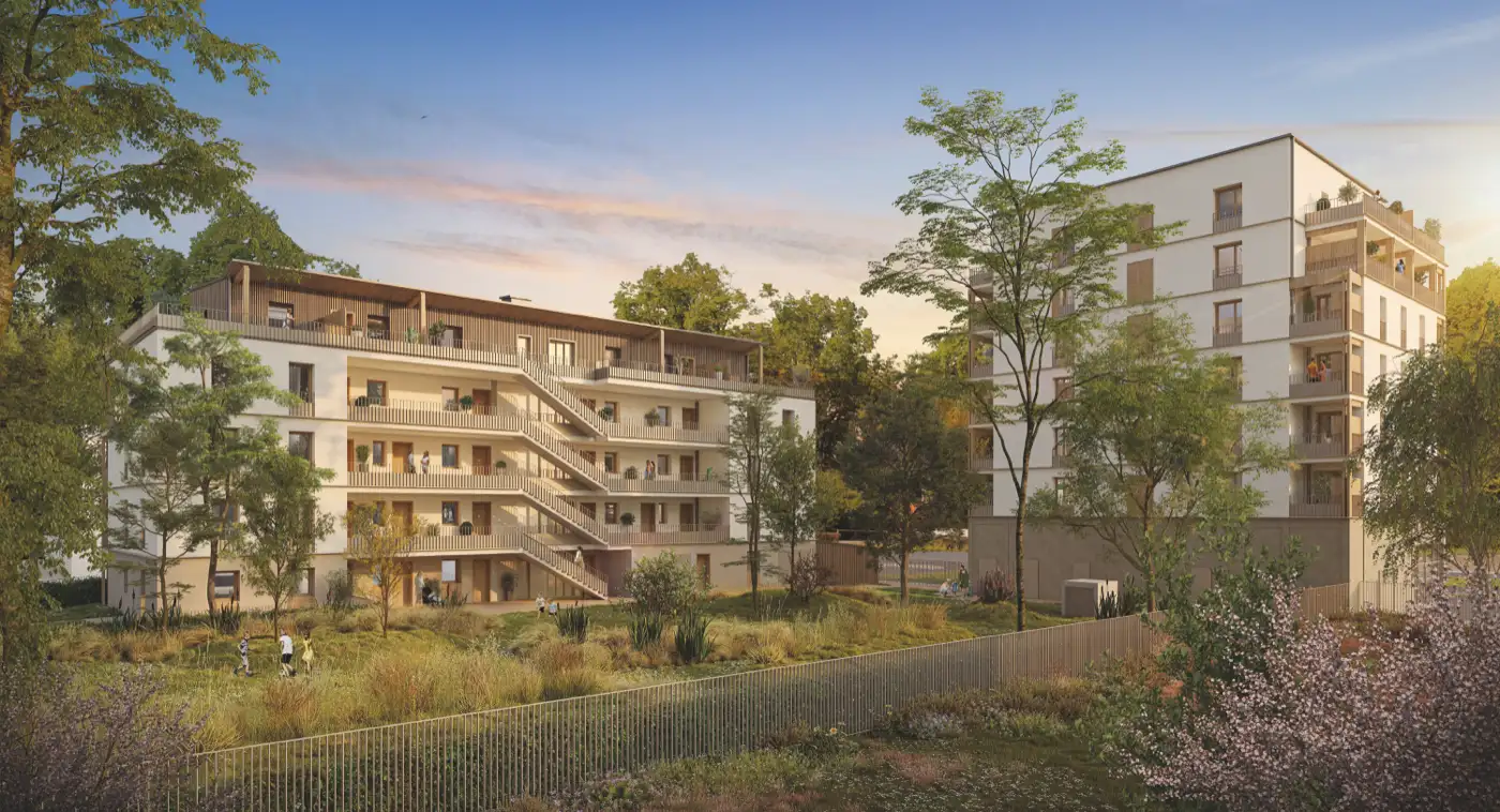Jardin entre les deux bâtiments d’un programme neuf au sud de Rennes